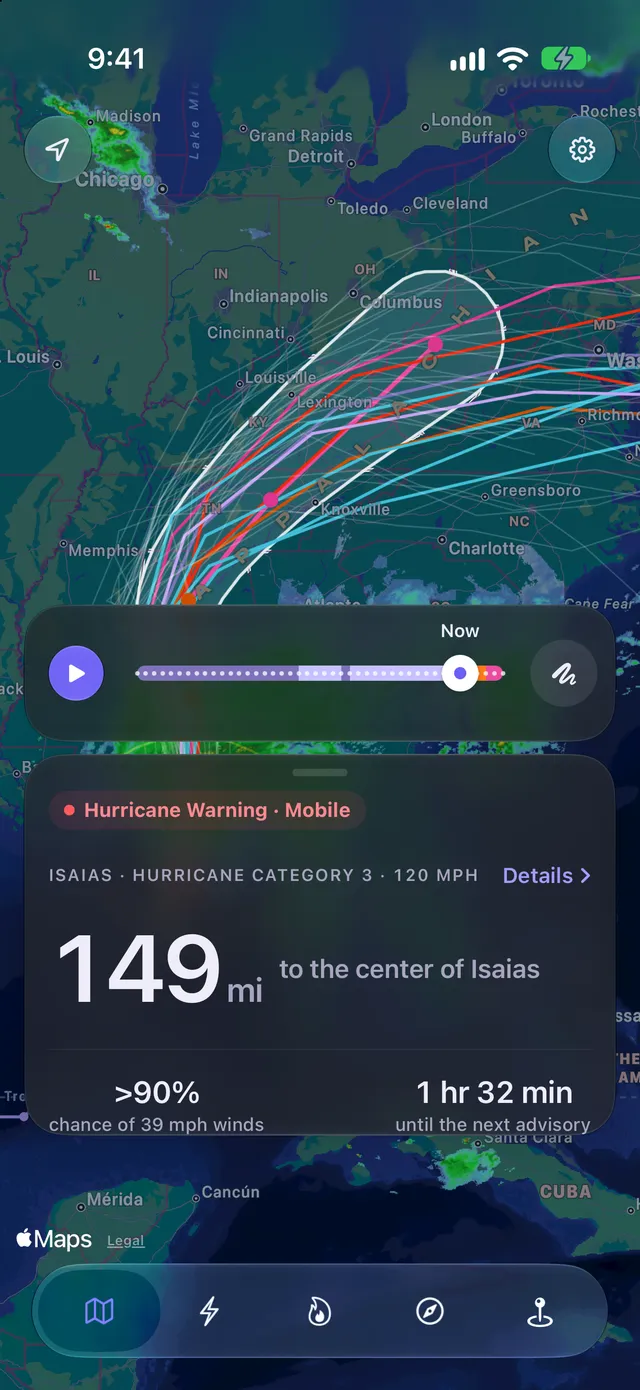 The Map: the forecast cone and track of Isaias, with 149 mi to the center and a more than 90% chance of 39 mph winds in Mobile