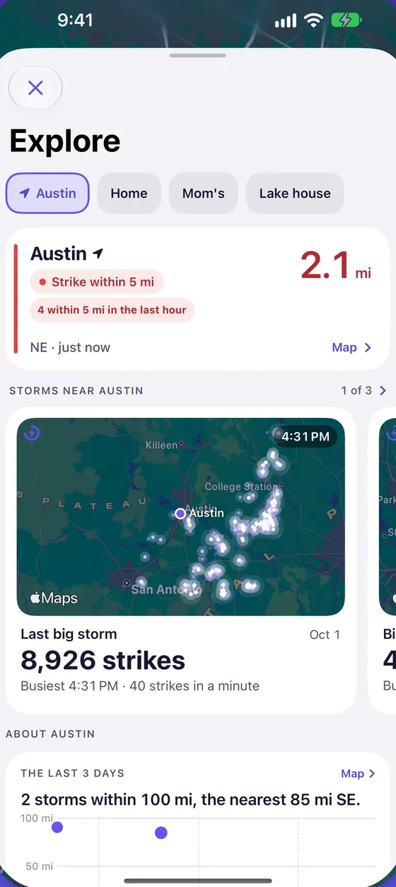 Lightning's Explore screen with a storm near Austin