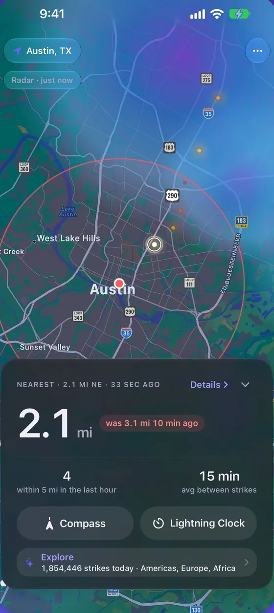 Lightning's map showing the nearest strike, 2.1 miles away