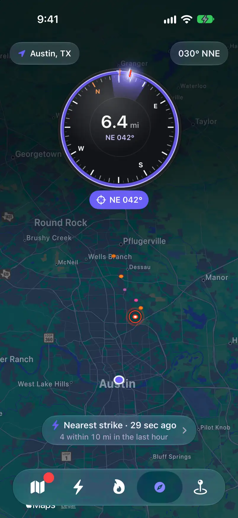 The compass on a dark map, pointing at a strike 6.4 mi northeast