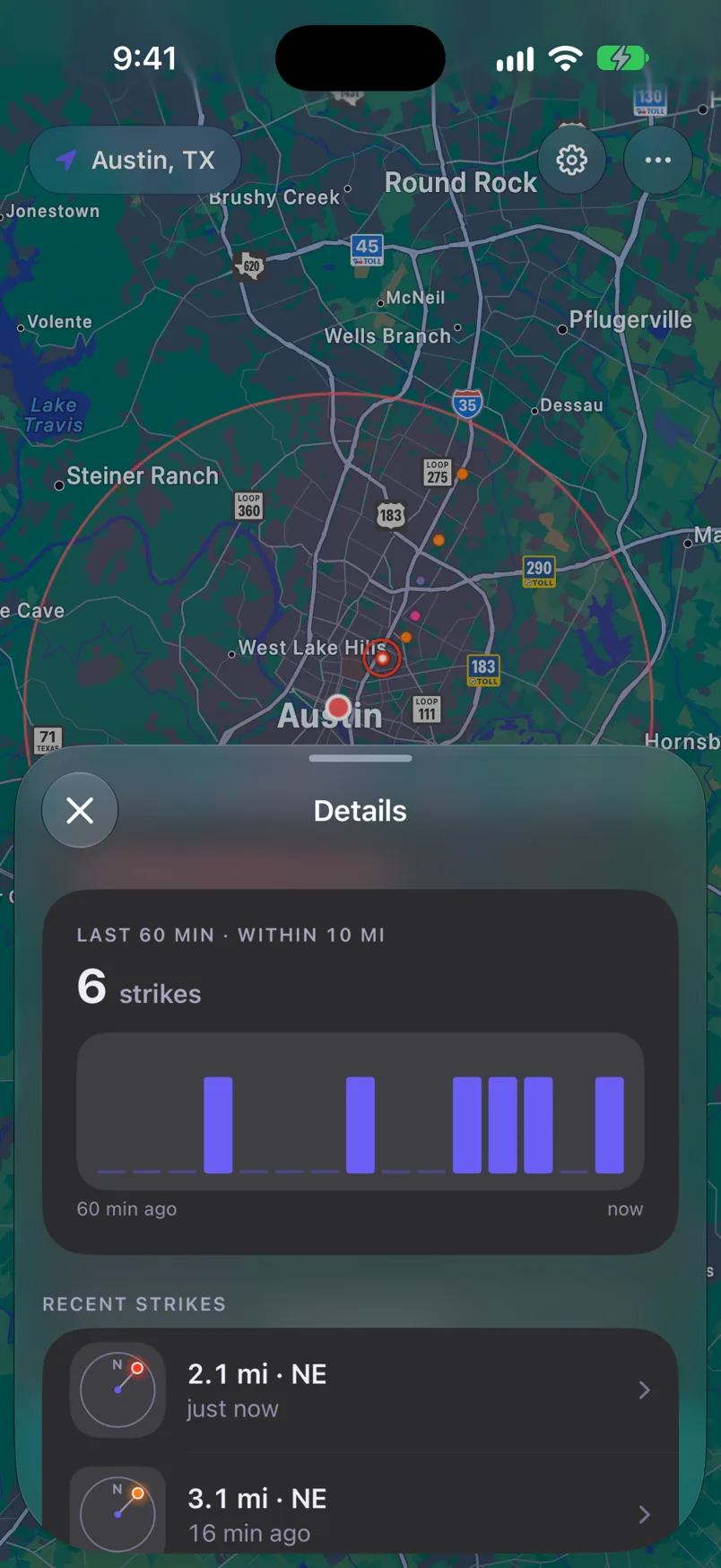 The app's details: 6 strikes within 10 mi in the last hour, minute by minute, and the newest, 2.1 mi northeast, just now