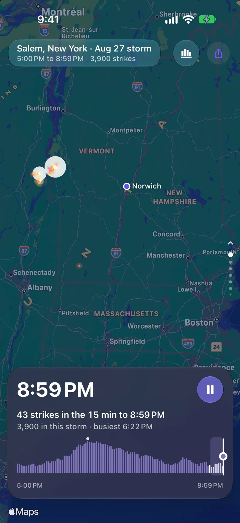 The Storms tab: a storm near Salem, New York on Aug 27, 3,900 strikes, drawn strike by strike