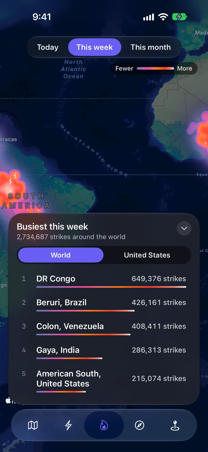 The Hotspots tab: this week's lightning as glowing heat, and the five busiest regions, DR Congo first with 649,376 strikes