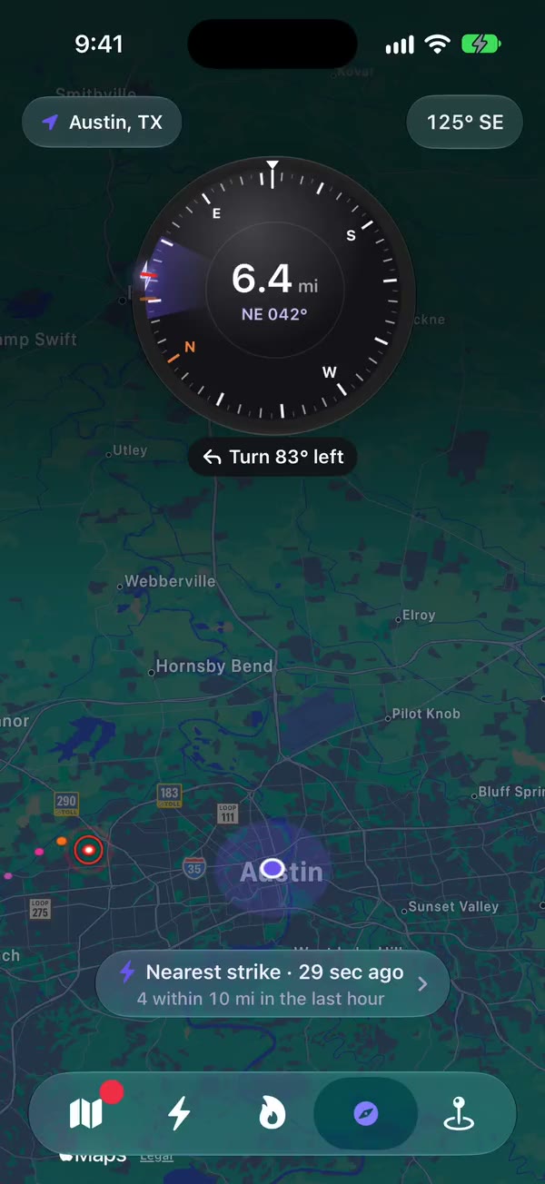The compass on a dark map, pointing at the nearest strike