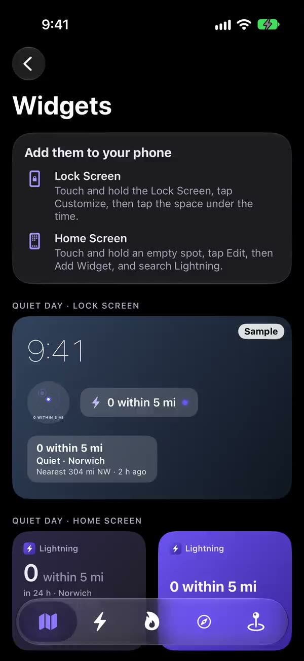 Home Screen widgets showing the nearest strike's distance and direction
